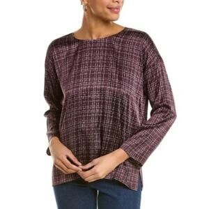 Eileen Fisher Cassis Stretch Silk Top Purple Grid Print Charmeuse Long Sleeve M